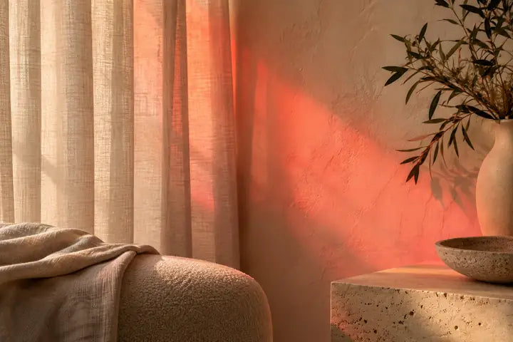 Warm red light falling across linen and plaster.