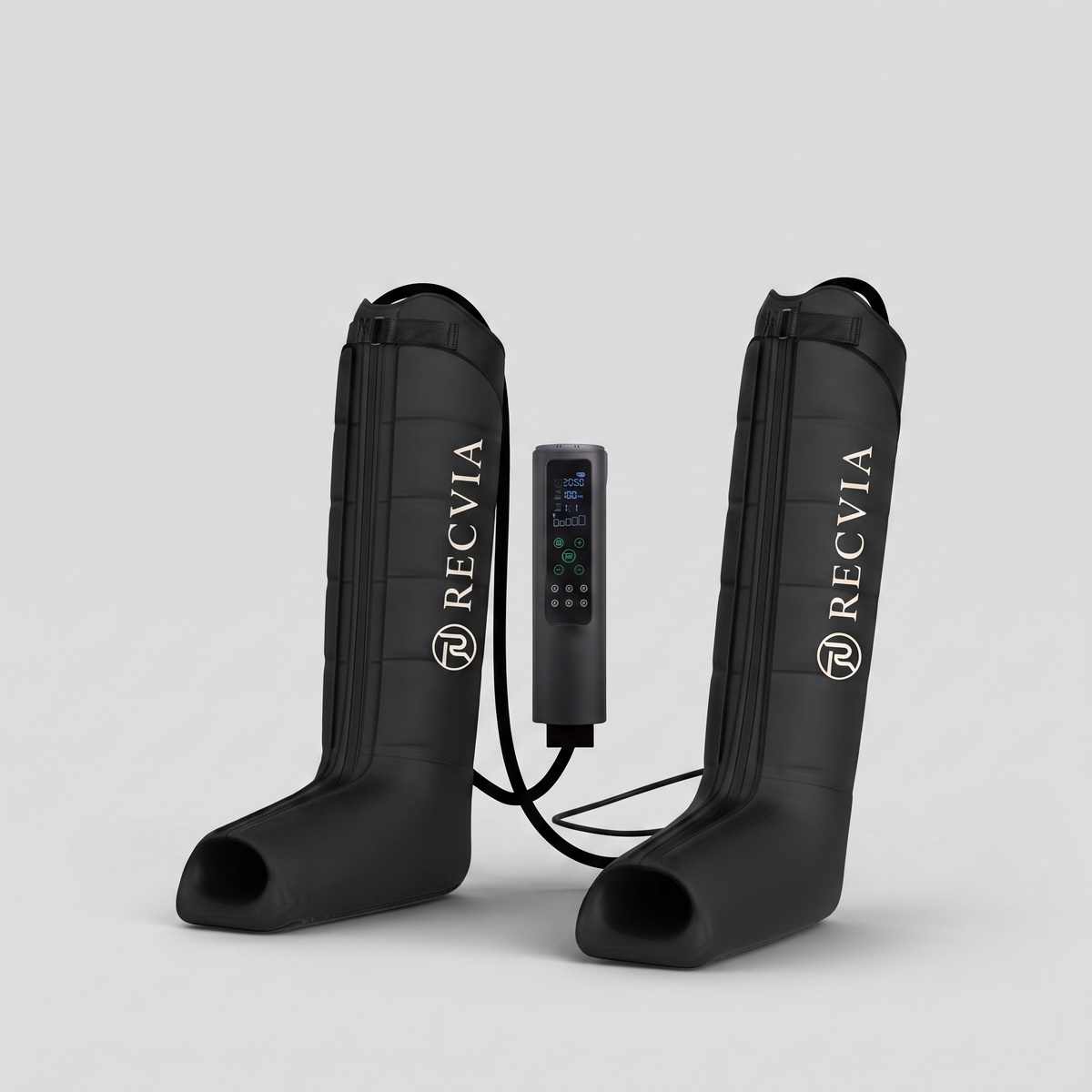 Pair of RECVIA RecLegs cordless compression boots shown upright