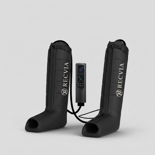 Pair of RECVIA RecLegs cordless compression boots shown upright