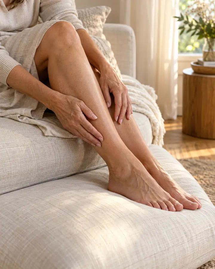A woman resting her hands on her legs at home.